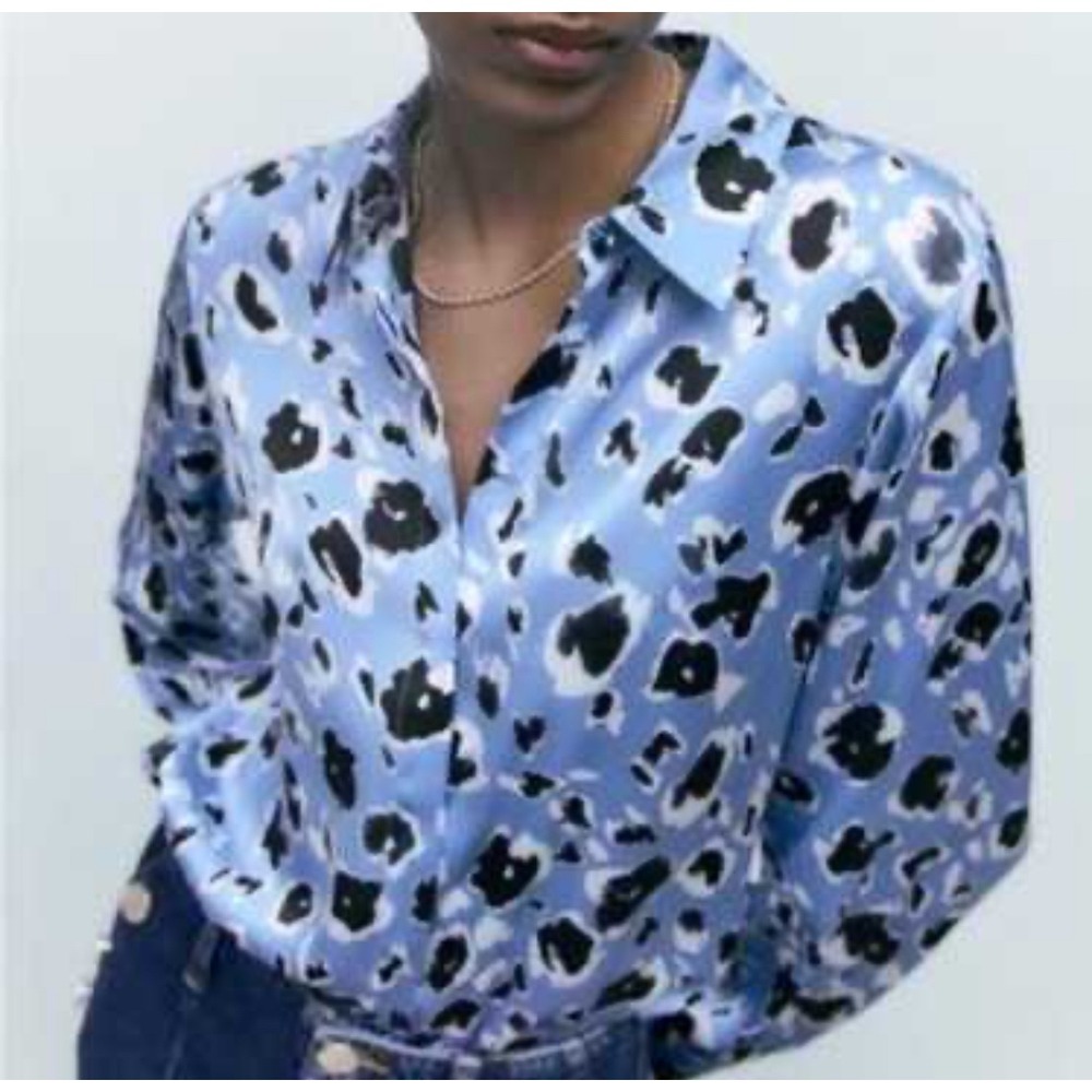 Zara Blue Satin Leopard Print Blouse